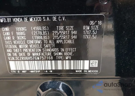 2016 Honda Hr-V Ex from USA, damaged, VIN 3CZRU6H57GM757168
